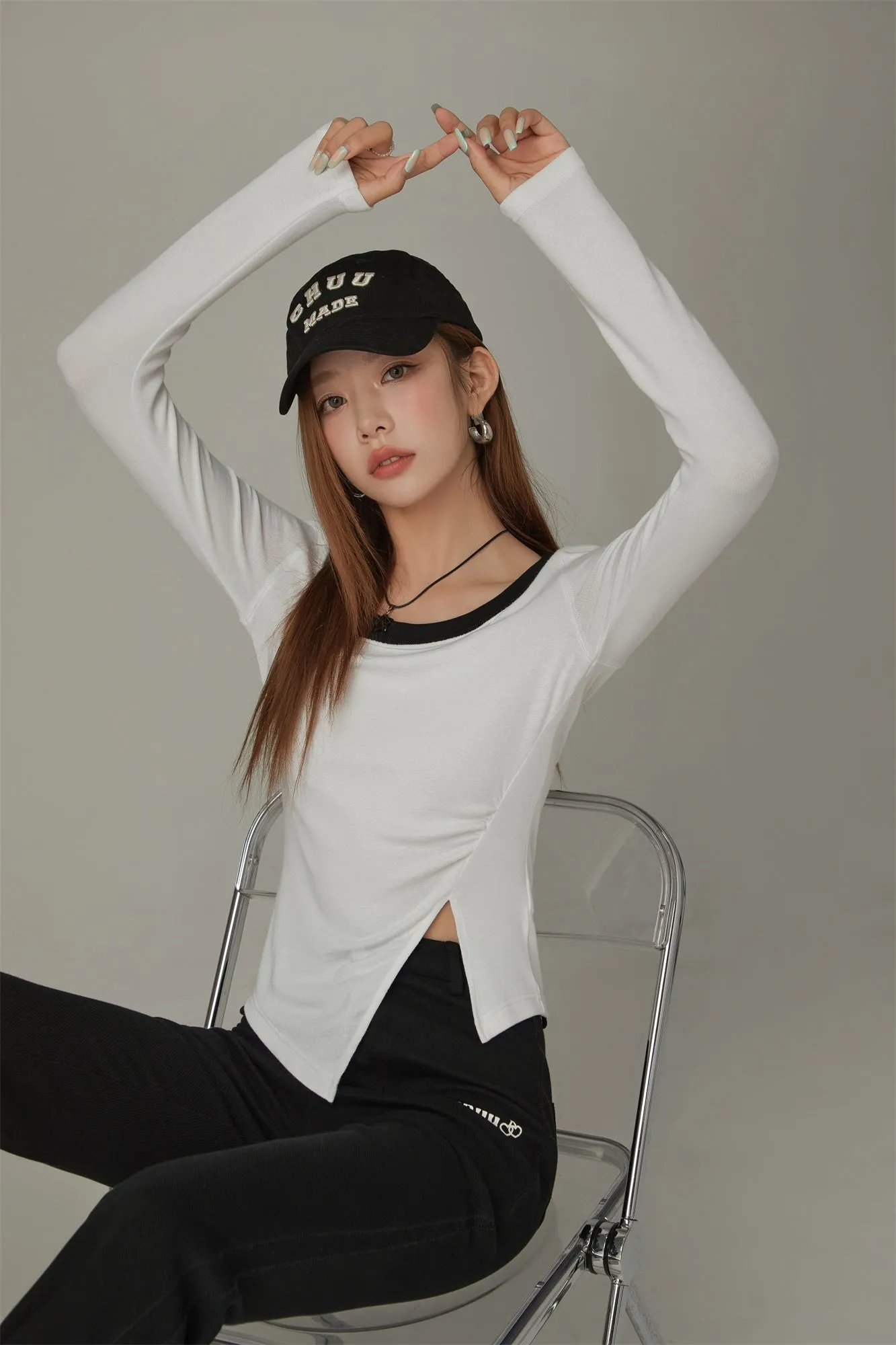 Slit Long Sleeve Simple T-Shirt