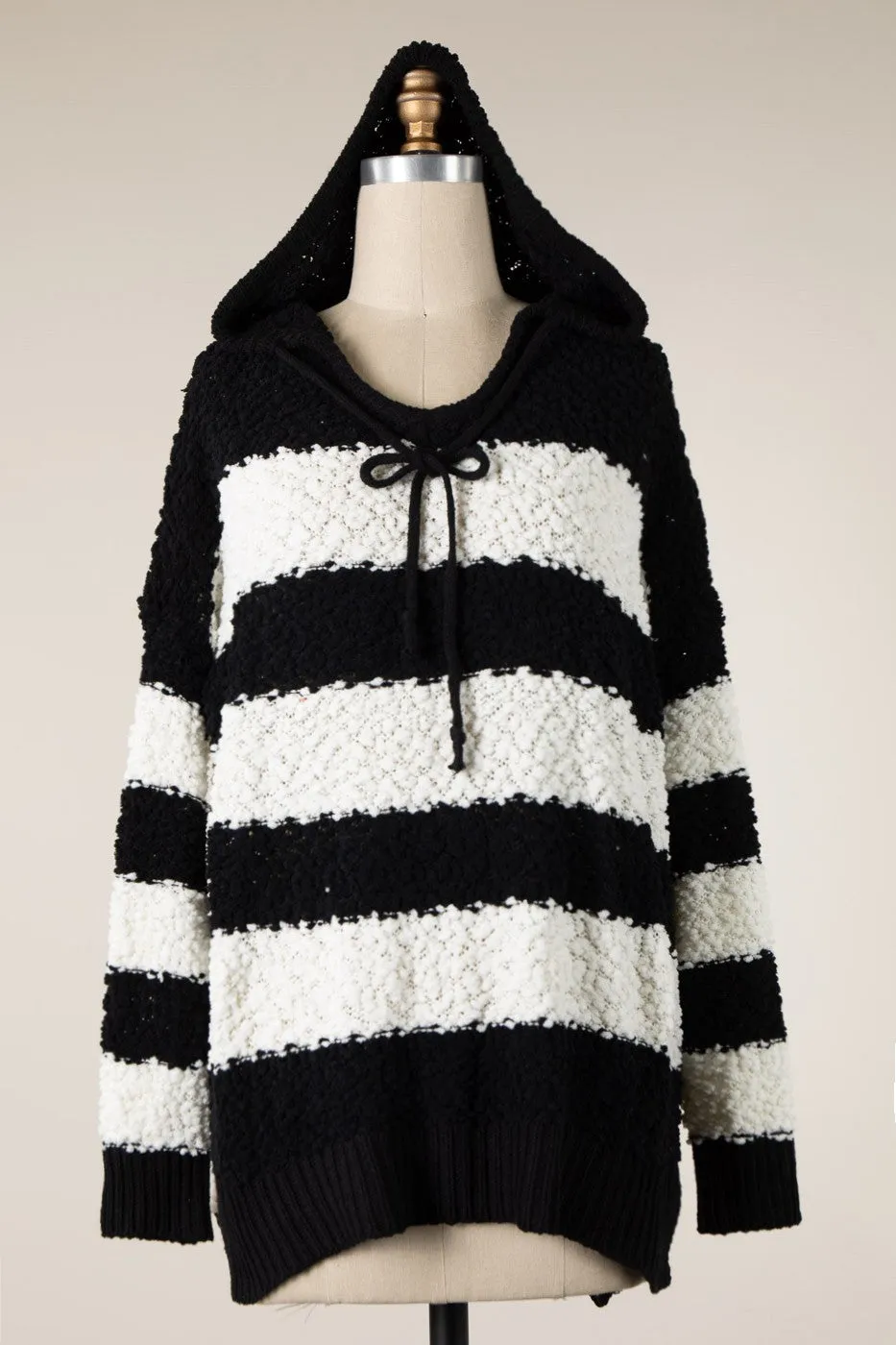 STRIPED POPCORN KNIT HOODIE SWEATER 1 PACK