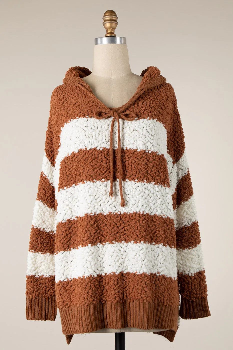 STRIPED POPCORN KNIT HOODIE SWEATER 1 PACK