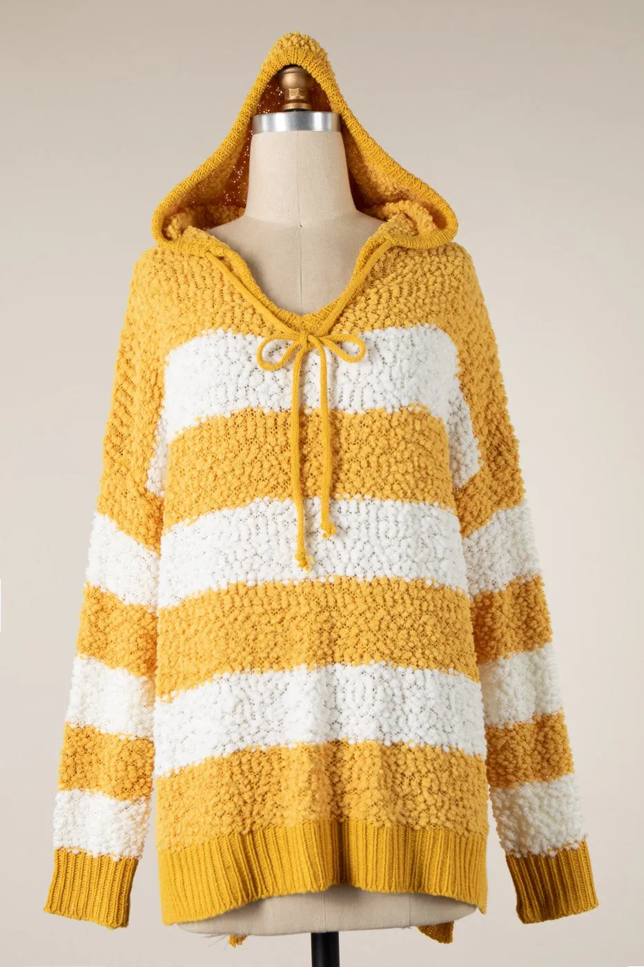 STRIPED POPCORN KNIT HOODIE SWEATER 1 PACK