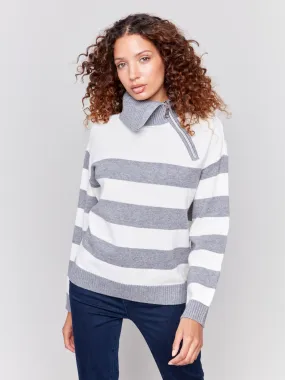 Striped Turtleneck Sweater With Zipper Detail - Grey