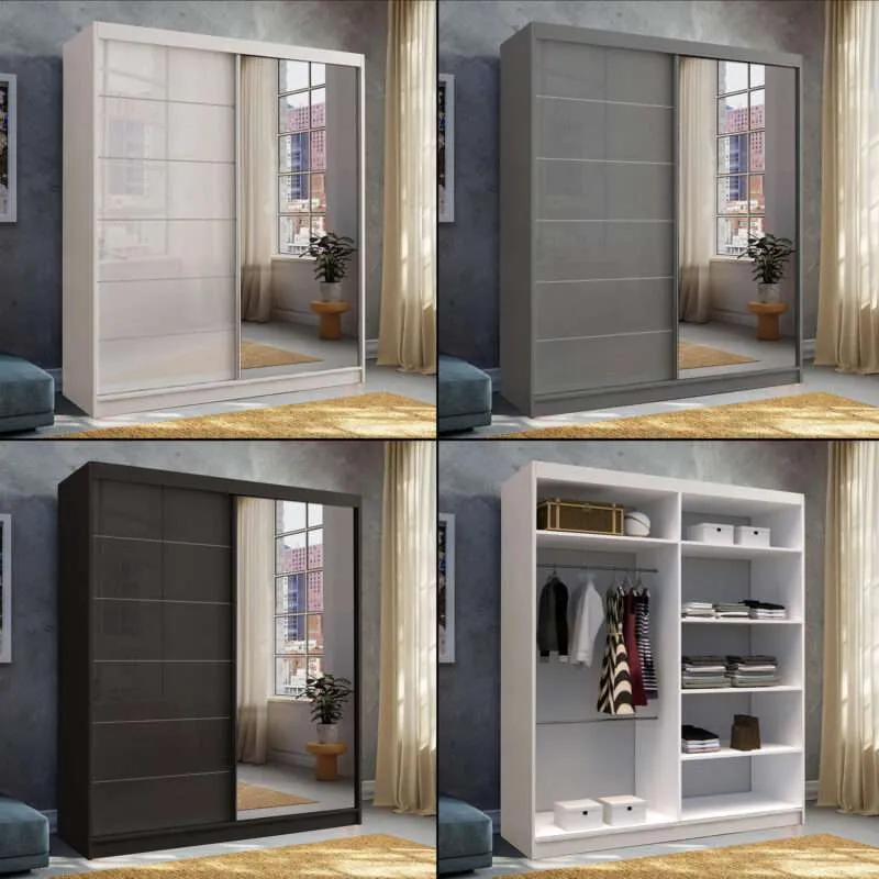 Stylish Modern Sliding 2-Door Wardrobe - High Gloss Finish in White, Black, and Grey