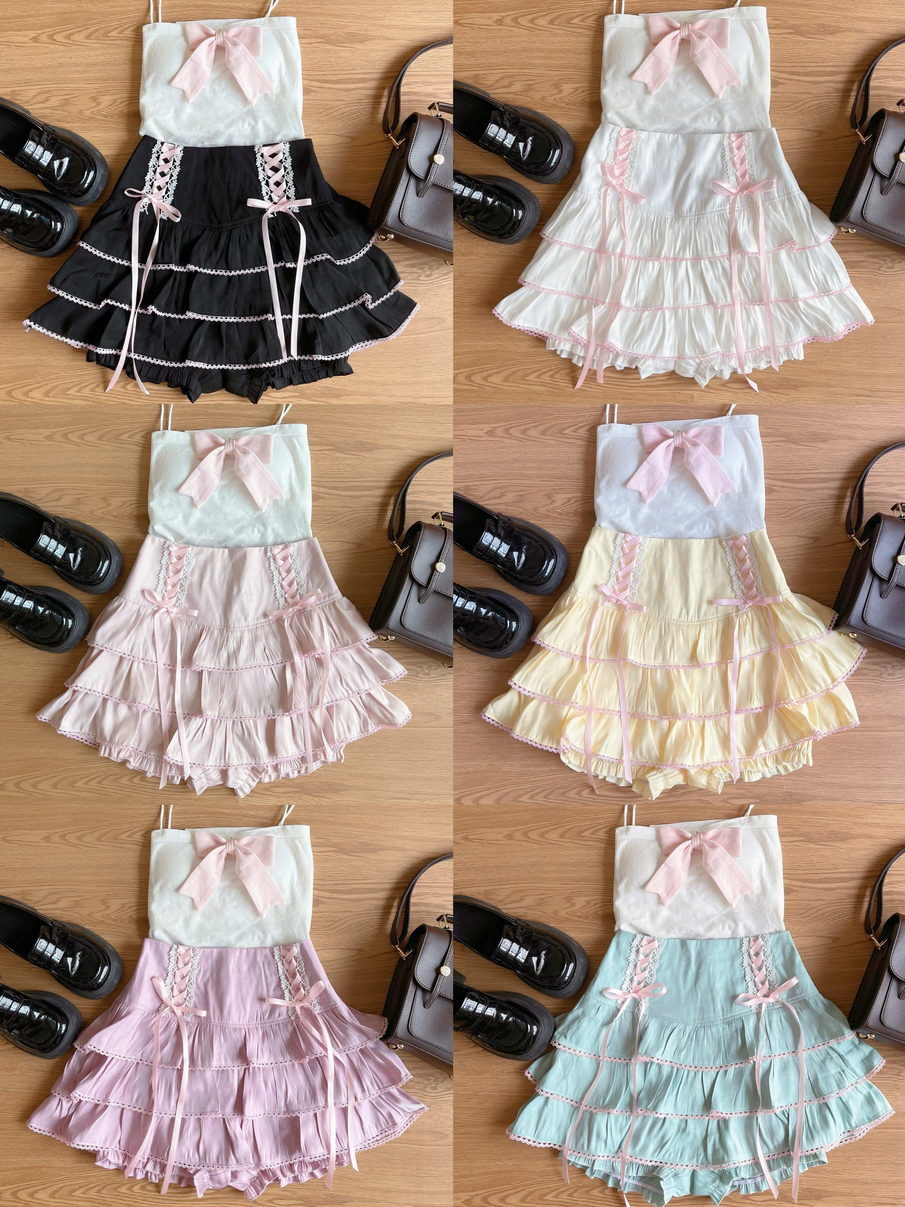 Sweet Colorful Pastel Doll Ruffled Bow Cake Layered Mini Skirt