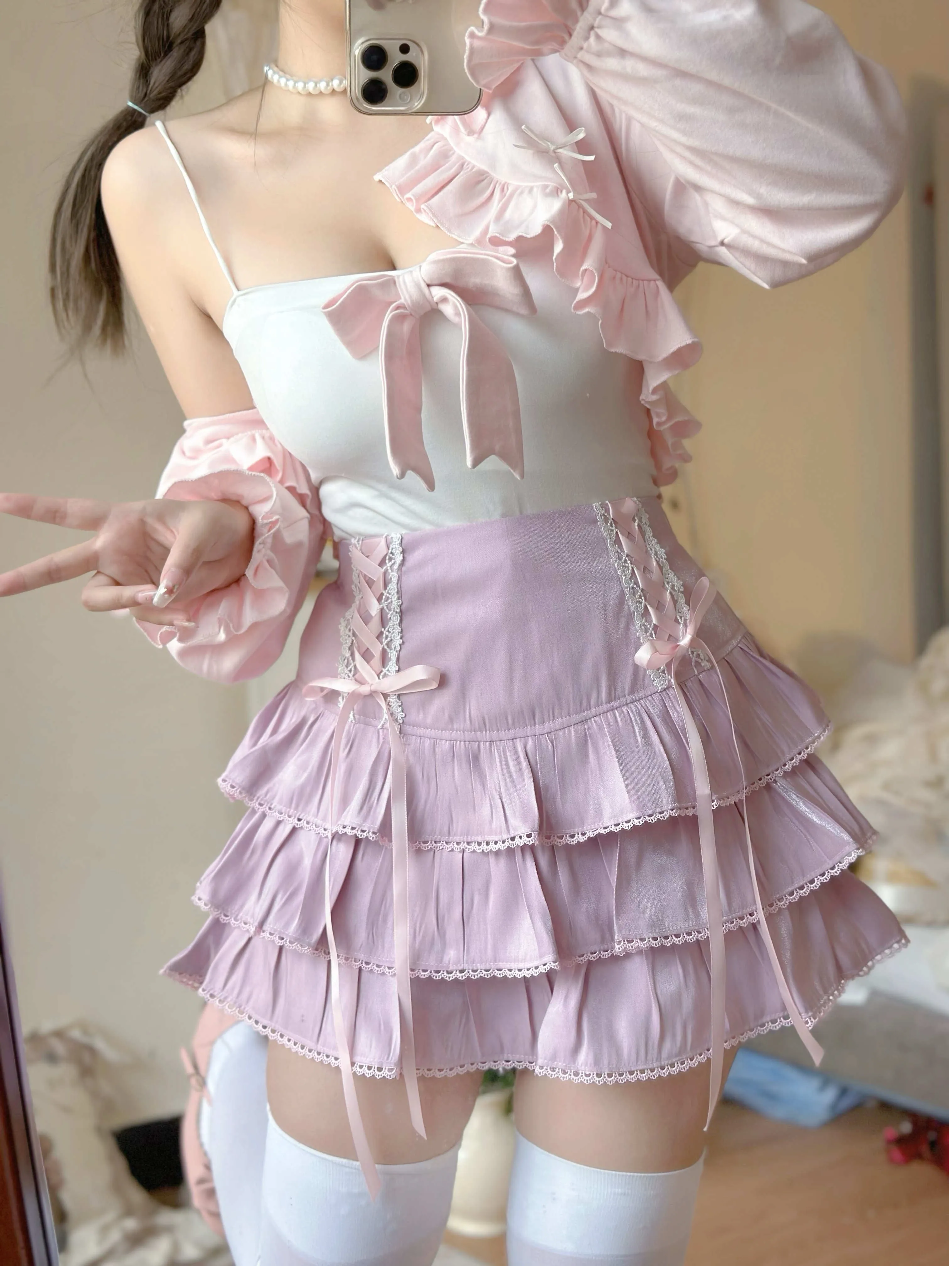 Sweet Colorful Pastel Doll Ruffled Bow Cake Layered Mini Skirt