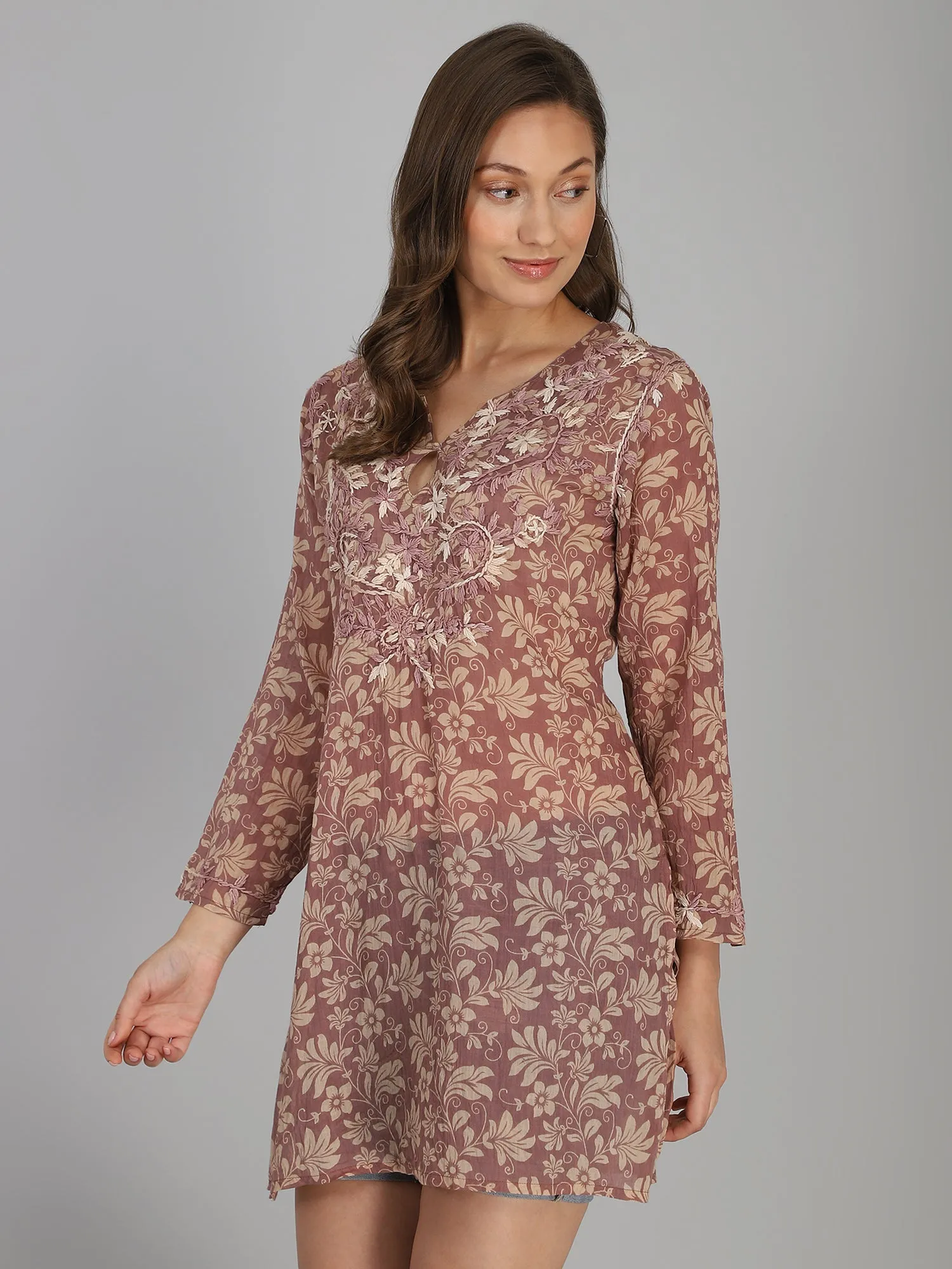 Taupe hand embroidered cotton tunic