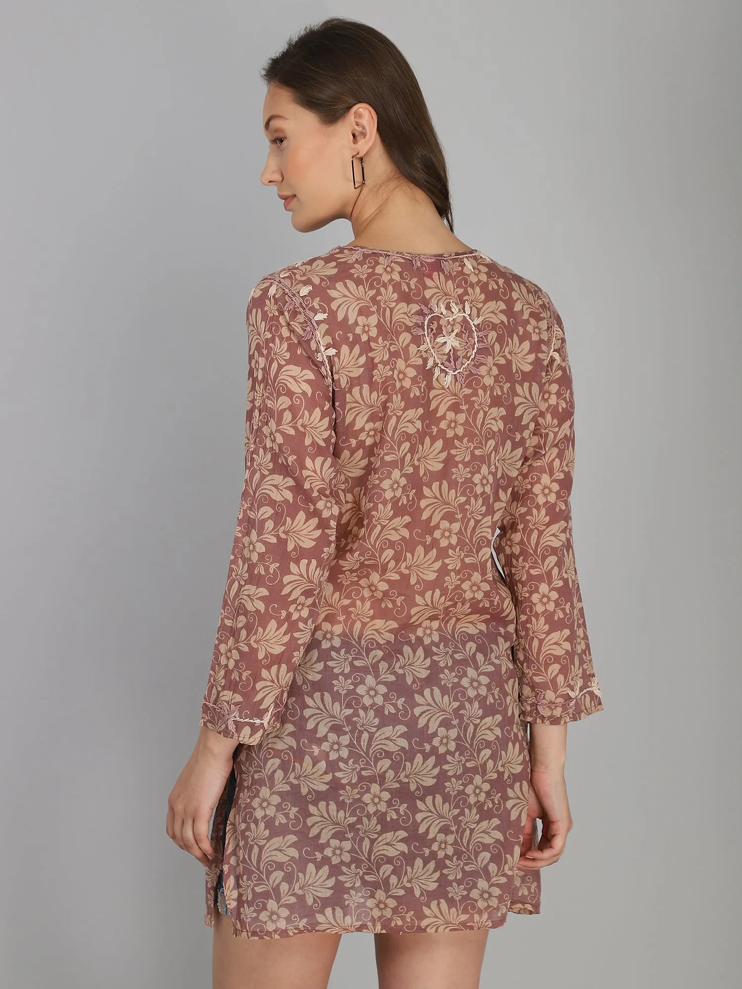 Taupe hand embroidered cotton tunic