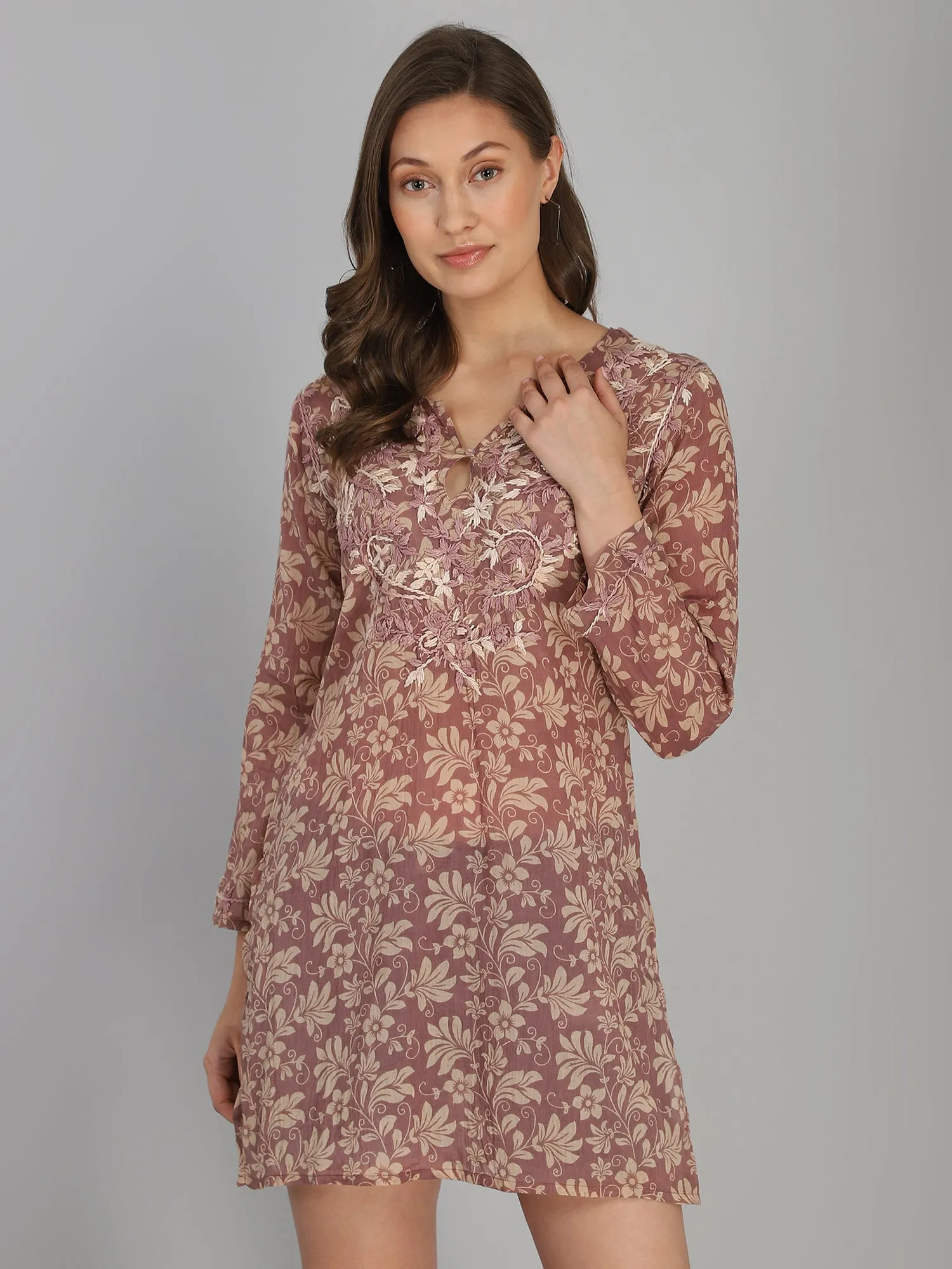 Taupe hand embroidered cotton tunic