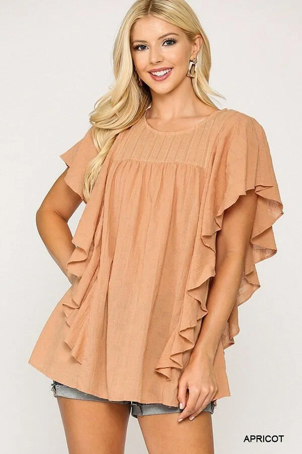 Textured Ruffle Sleeve Tunic Top With Back Keyhole