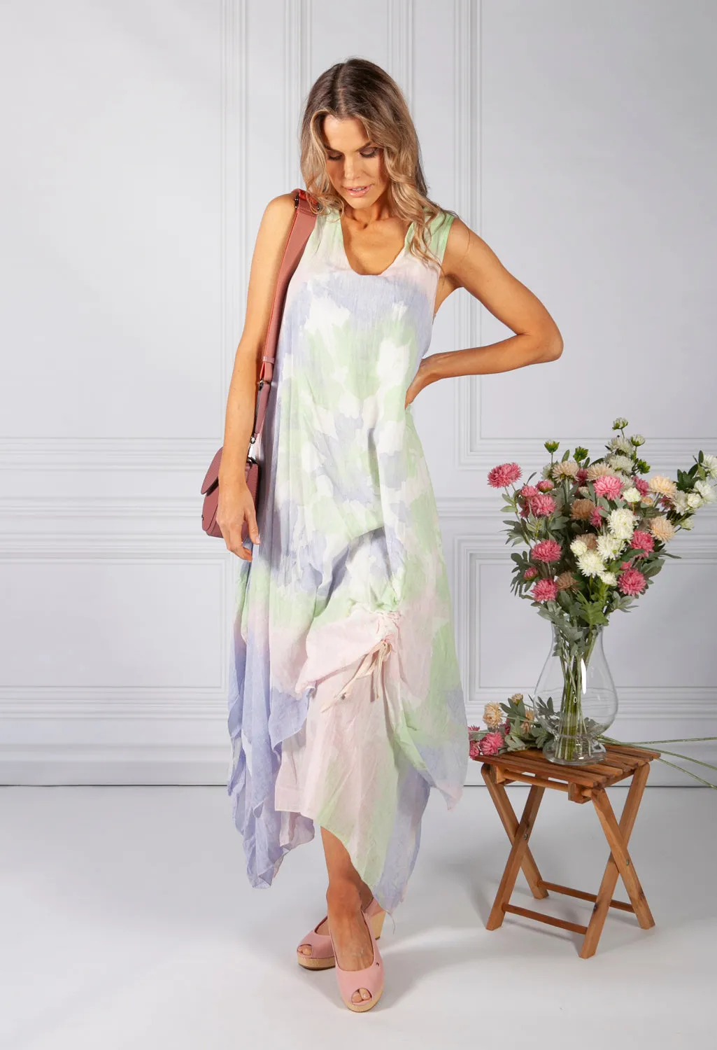 Tie Dye Boho Dress in Pink and Green