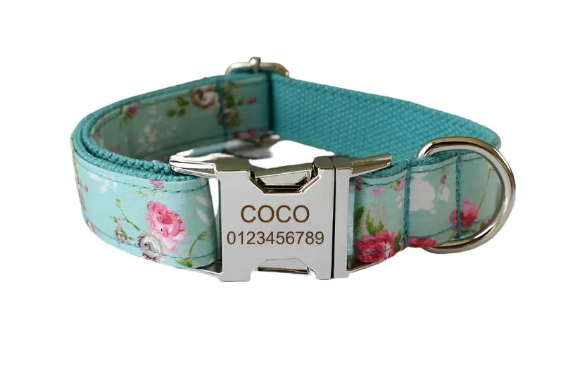 Tiffany Blue Pink Floral Dog Collar with Detachable Bow - Personalized