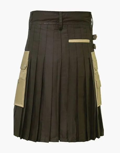 Traditional black utility kilt with pockets and a khaki apron