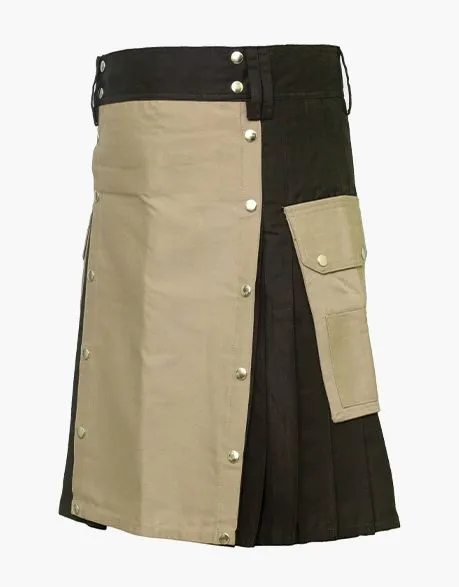 Traditional black utility kilt with pockets and a khaki apron