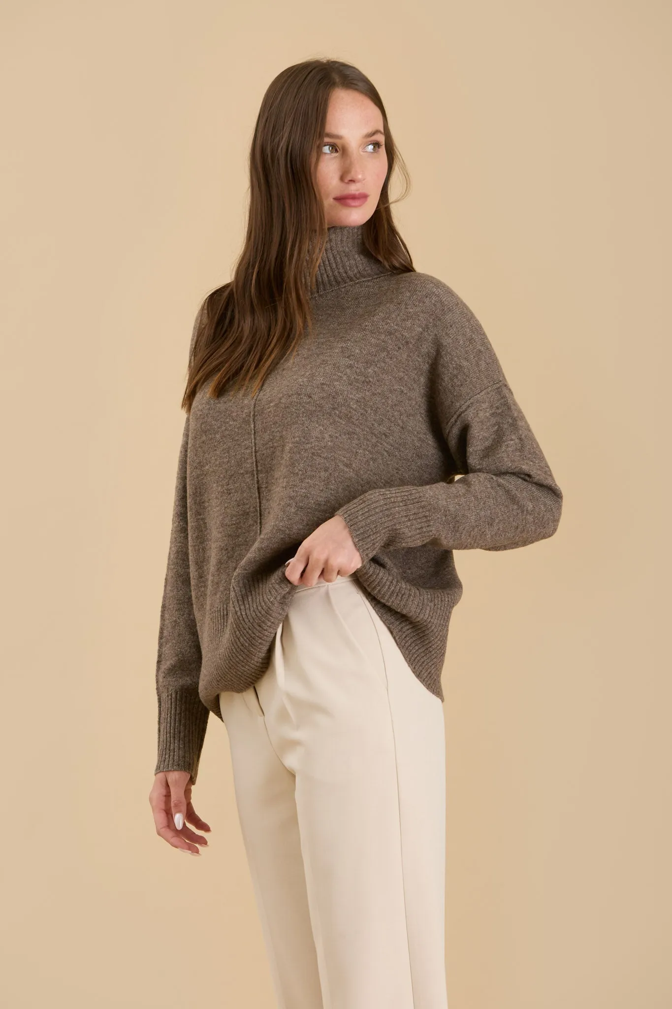 TURTLENECK FRONT SEAM KNIT PULLOVER SWEATER