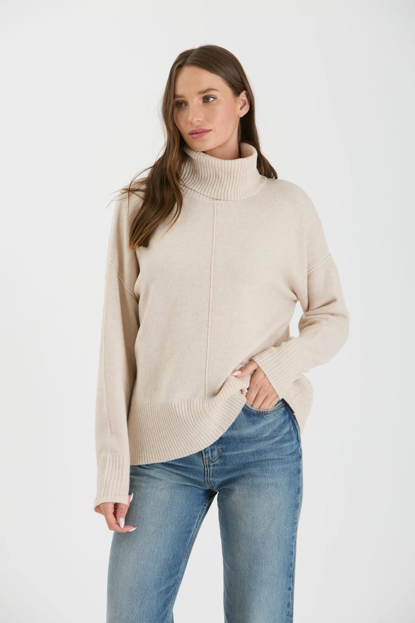 TURTLENECK FRONT SEAM KNIT PULLOVER SWEATER