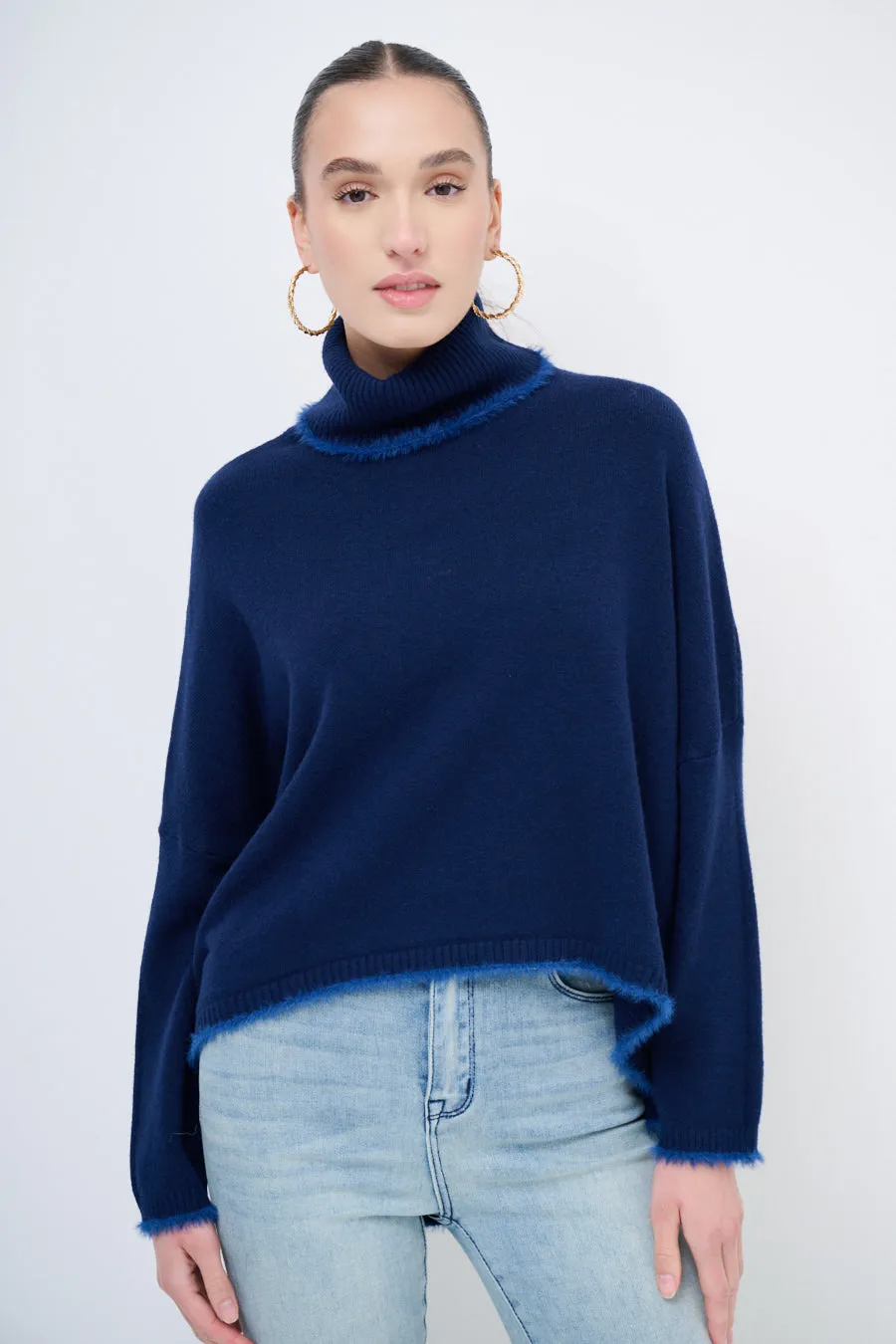 Turtleneck sweater with raw edge details wholesale