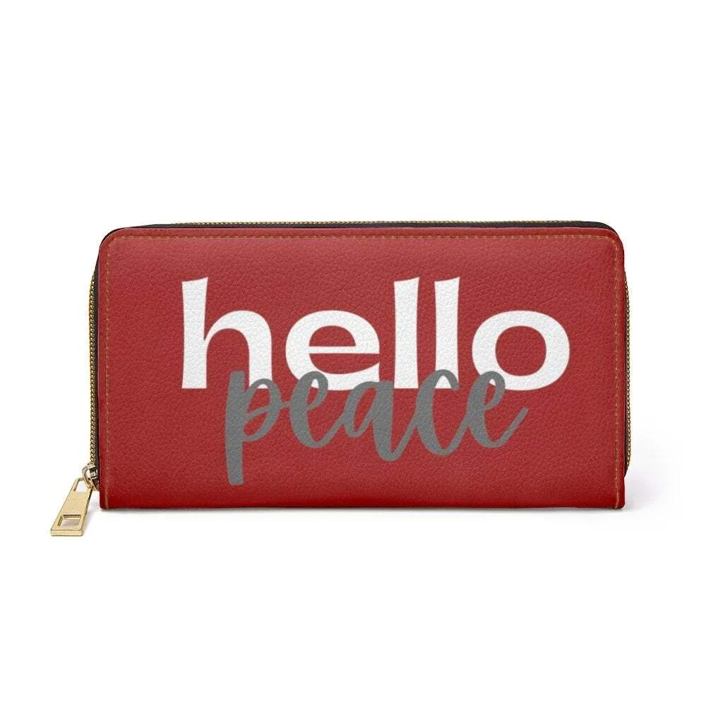 Uniquely You Womens Wallet - Zip Purse / Dark Red & White Hello Peace