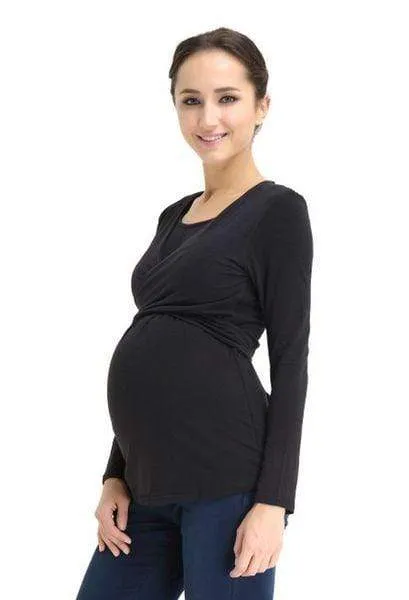 Vicky Tie Up Bamboo Cotton Long Sleeve Nursing Top Black