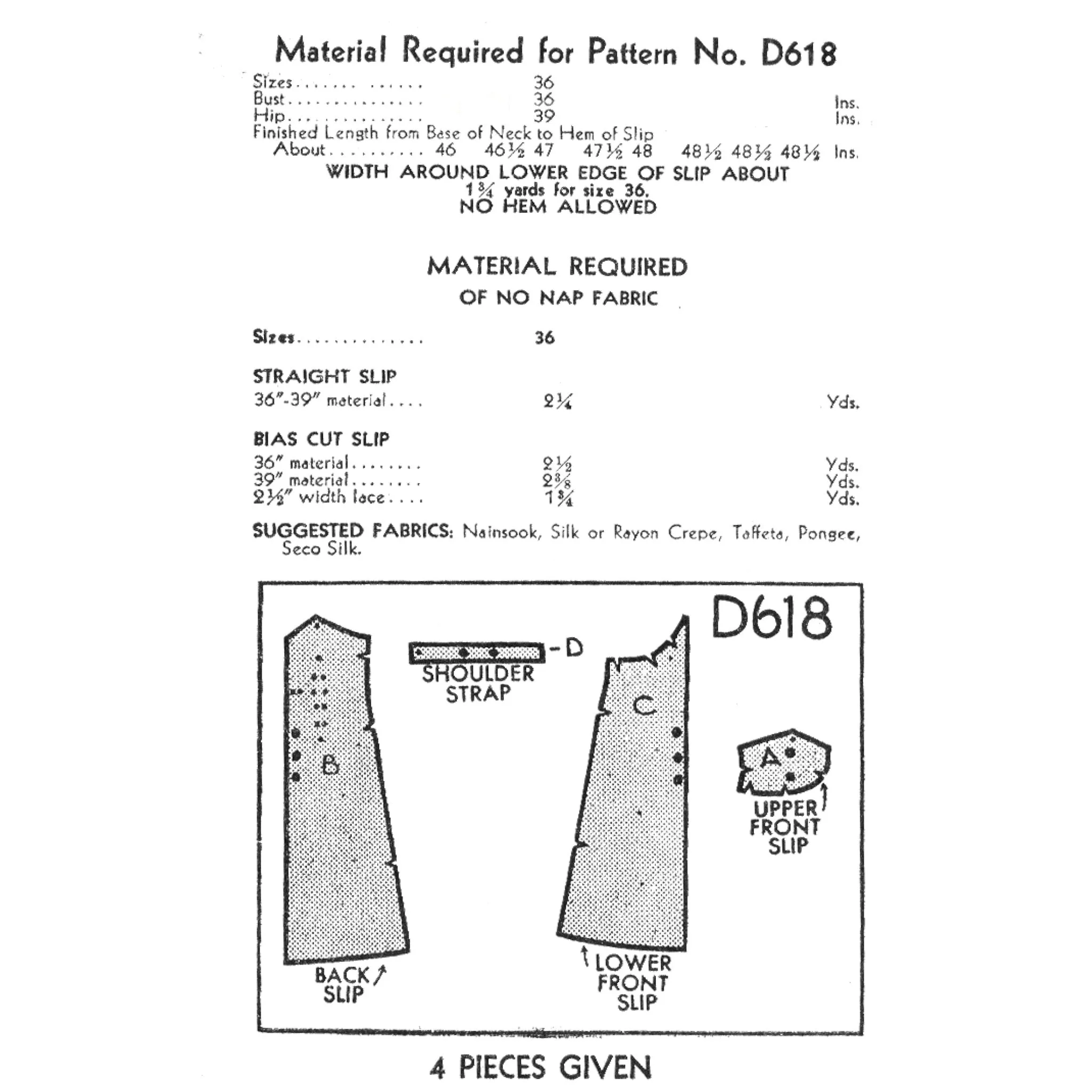 Vintage 1930s Sewing Pattern, 3/4 leangth Slip - Bust: 36” (91.5cm)