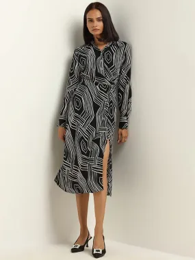 Wardrobe Black Printed Collared Dress