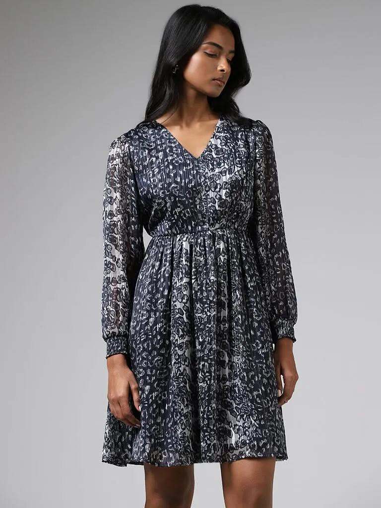 Wardrobe Dark Grey Abstract Printed A-Line Dress