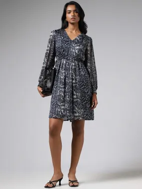 Wardrobe Dark Grey Abstract Printed A-Line Dress