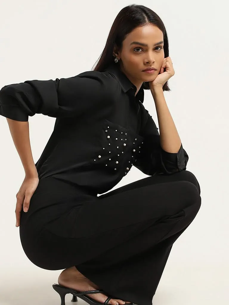 Wardrobe Pearl Embellished Black Cotton Shirt