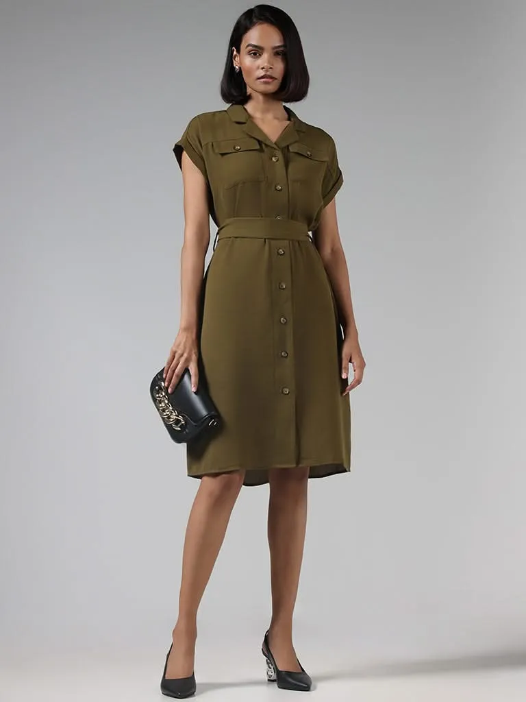 Wardrobe Solid Green Shift Dress with Belt