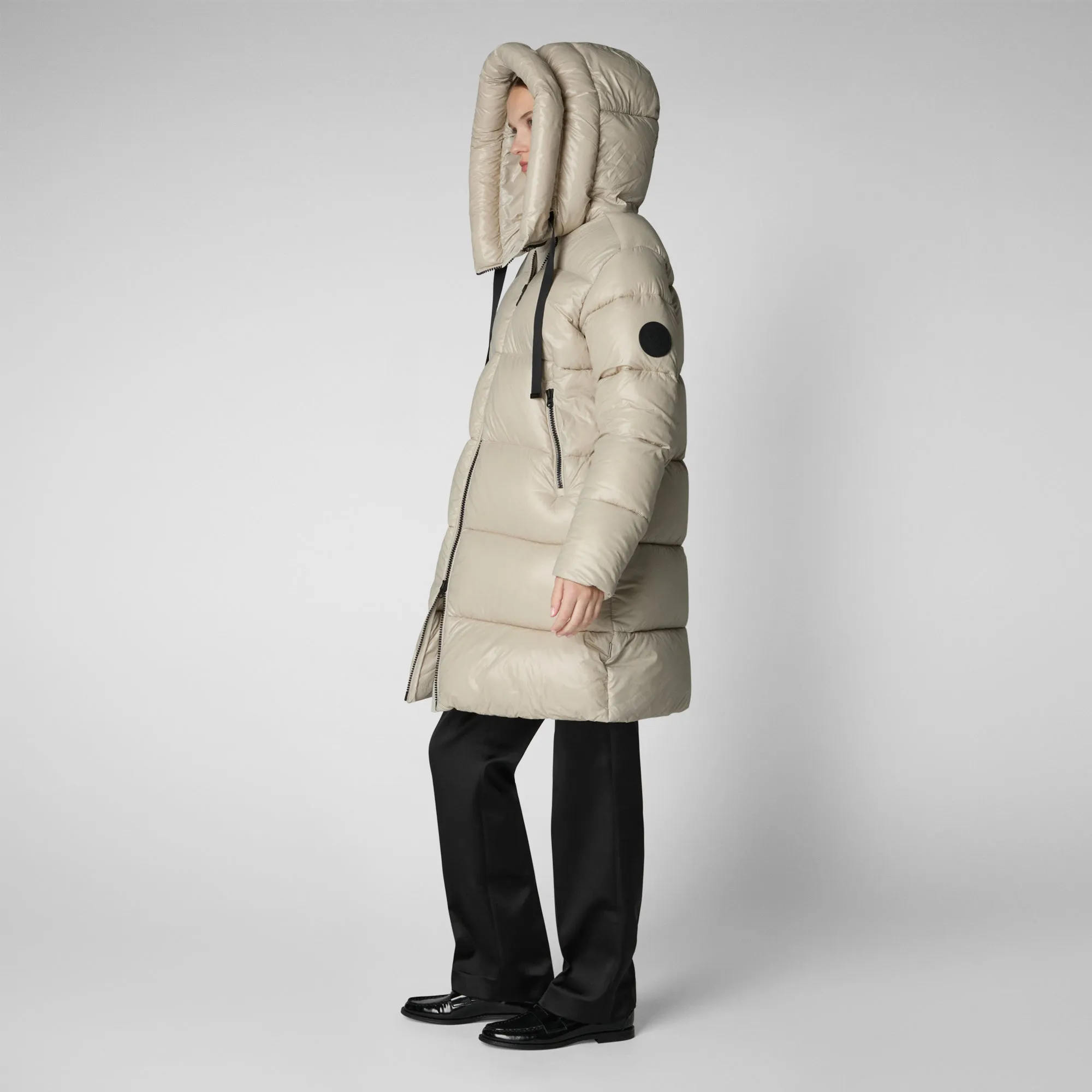 Woman's animal free hooded puffer jacket Isabel in rainy beige