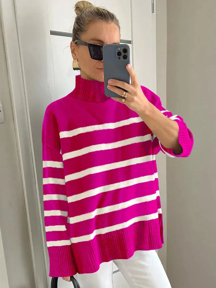 Women Cozy Striped Turtleneck Sweater for Fall and Winter