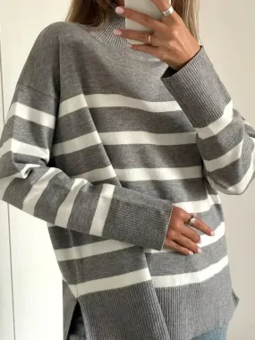 Women Cozy Striped Turtleneck Sweater for Fall and Winter