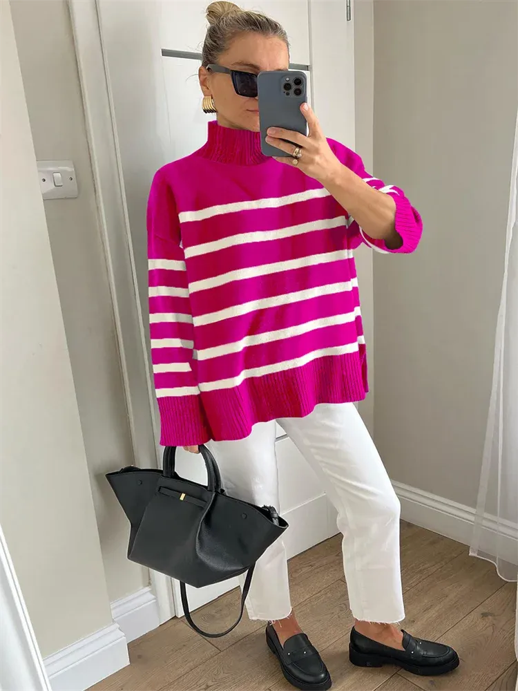 Women Cozy Striped Turtleneck Sweater for Fall and Winter