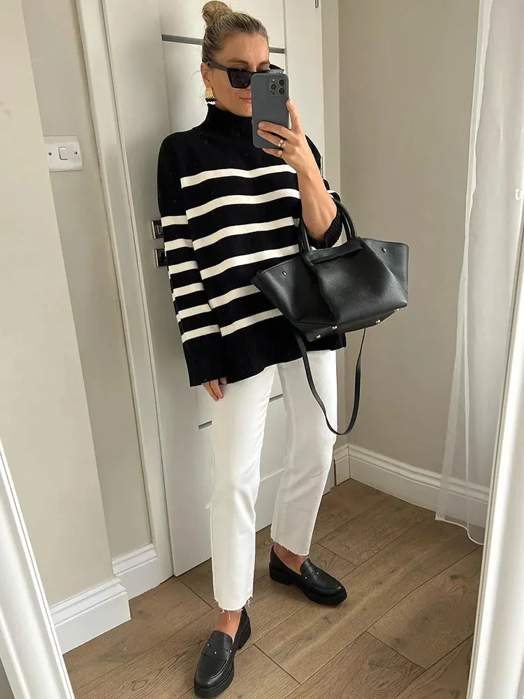 Women Cozy Striped Turtleneck Sweater for Fall and Winter