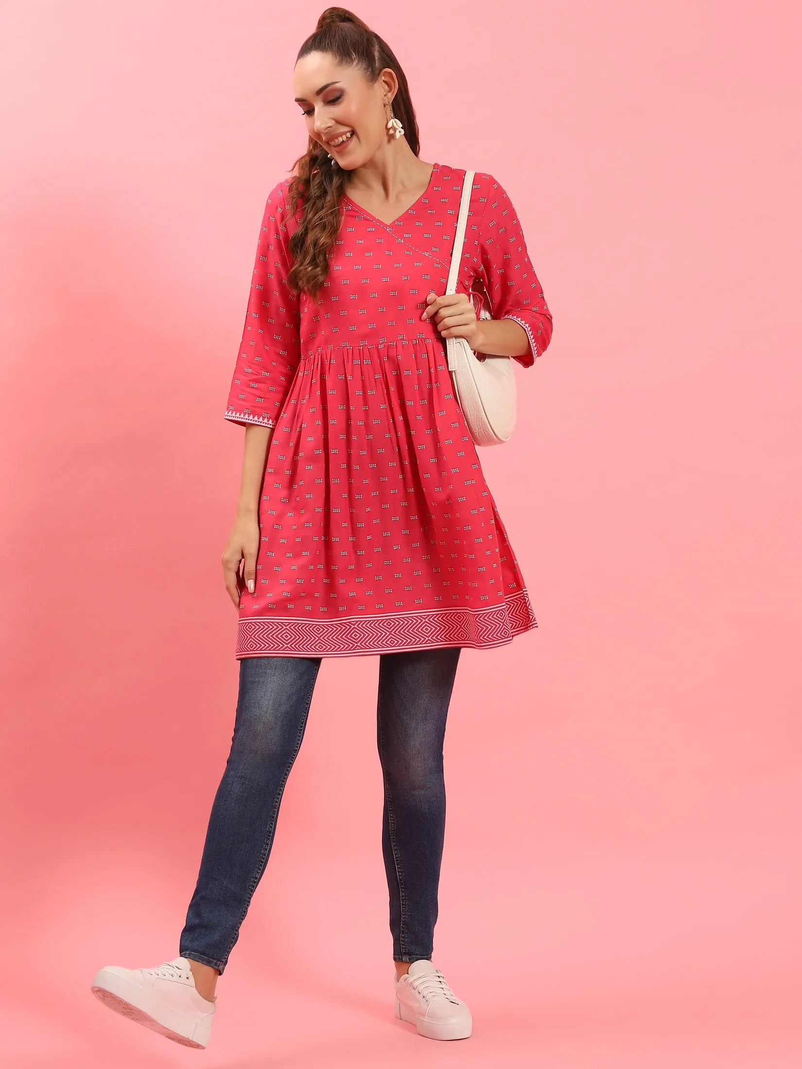 Women Fuchsia Fit And Flare Printed Tunic