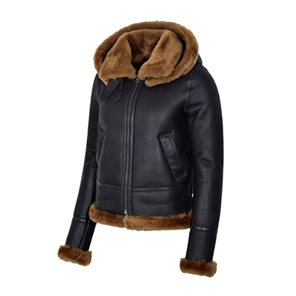 WOMENS BLACK HOODED B3 FLYING SHEARILING JACKET