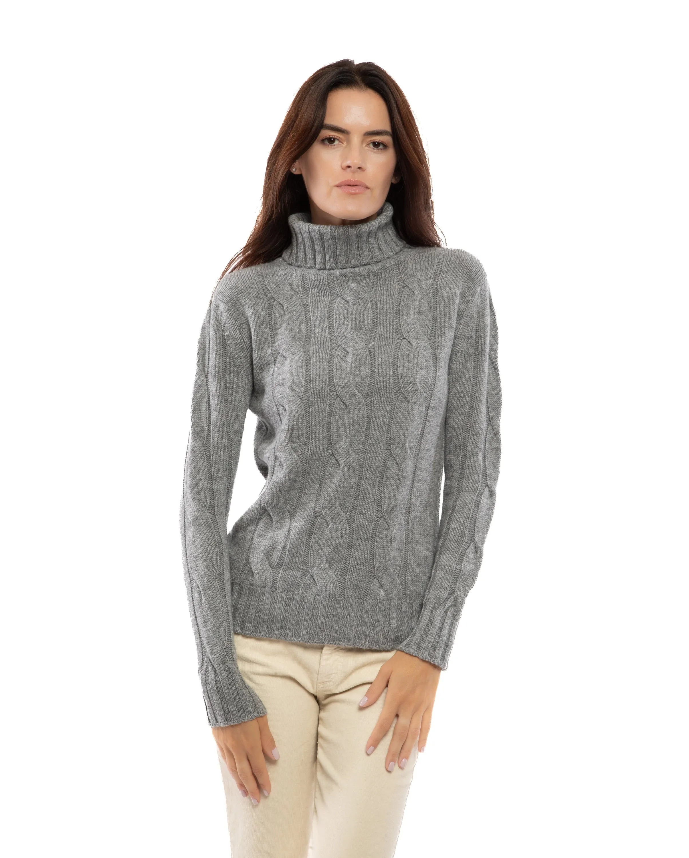 Women's Pure Cashmere Cable Knit Turtleneck Sweater Black