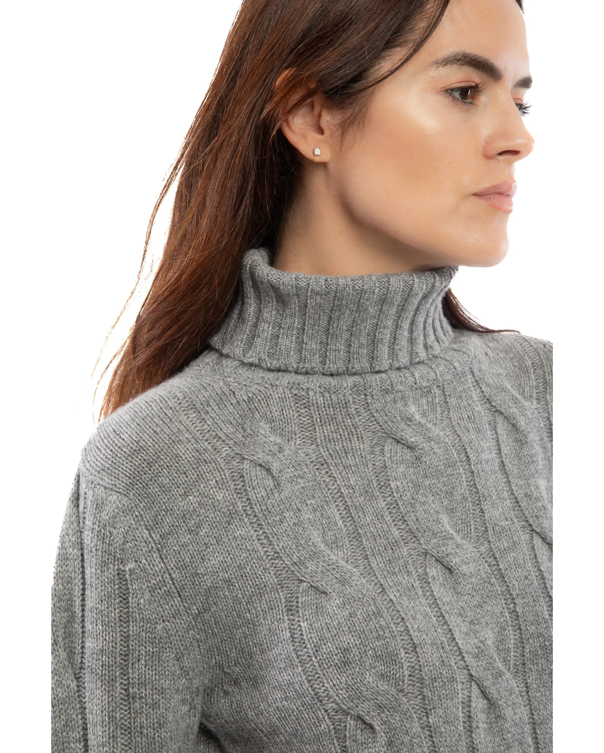 Women's Pure Cashmere Cable Knit Turtleneck Sweater Black