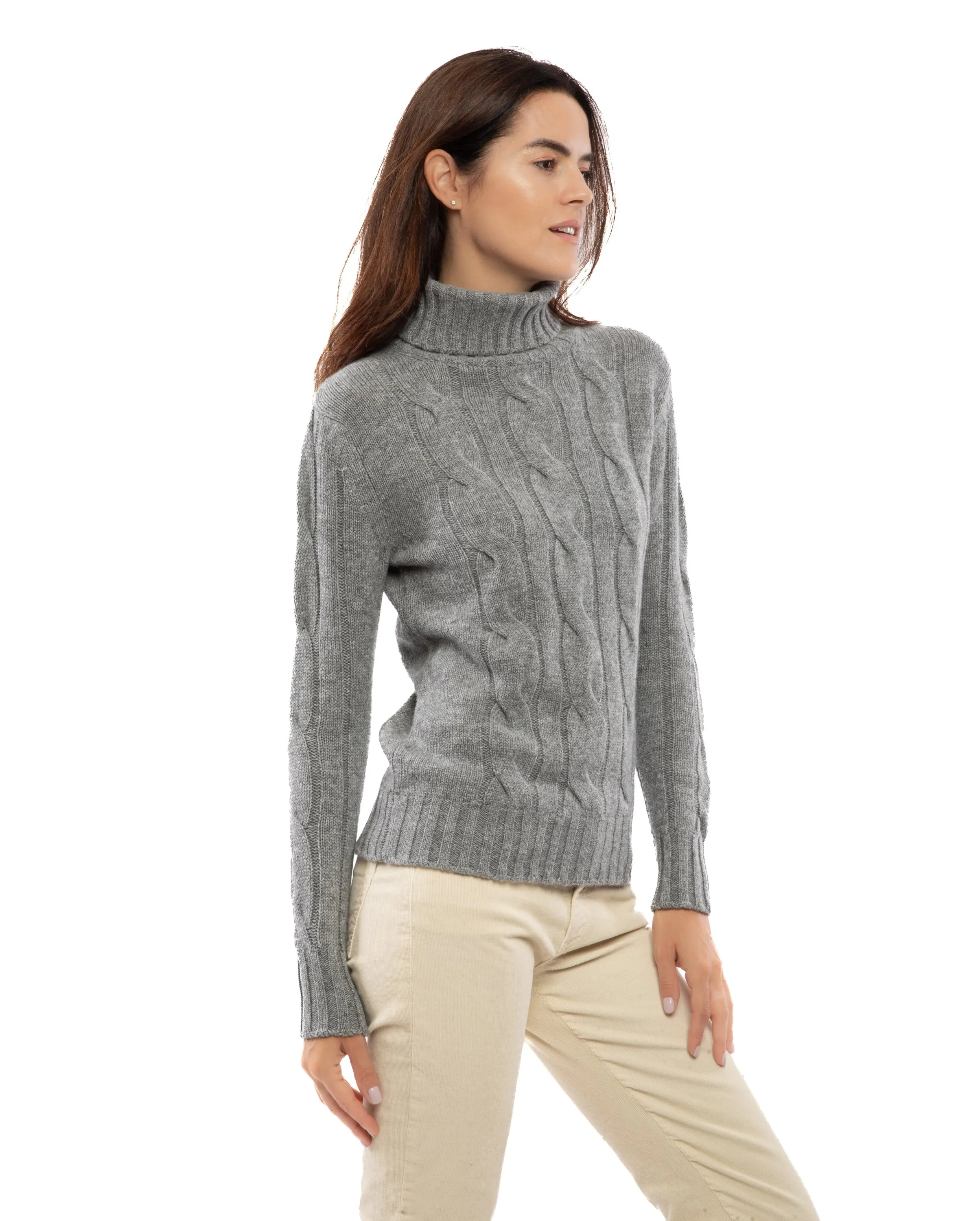 Women's Pure Cashmere Cable Knit Turtleneck Sweater Black