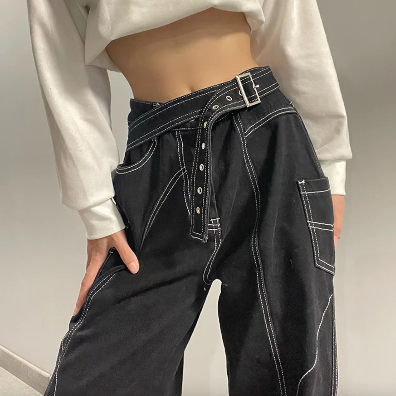 Women's Spring/Autumn Gothic Wide Leg Hip Hop Pants with Belt