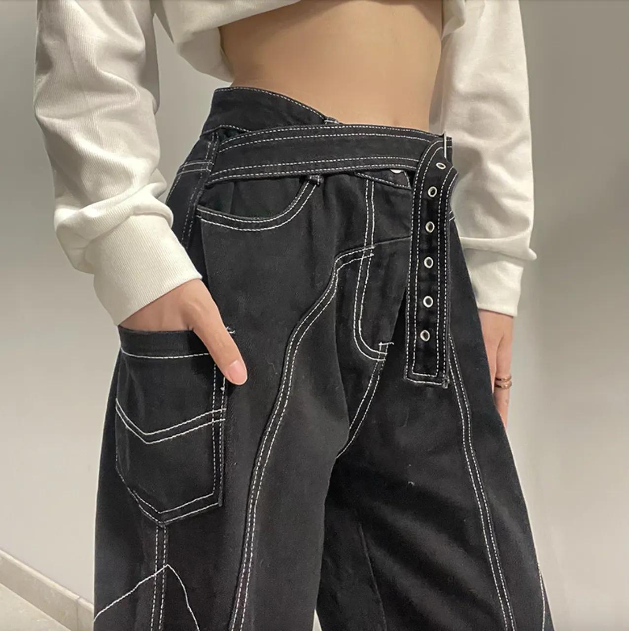 Women's Spring/Autumn Gothic Wide Leg Hip Hop Pants with Belt