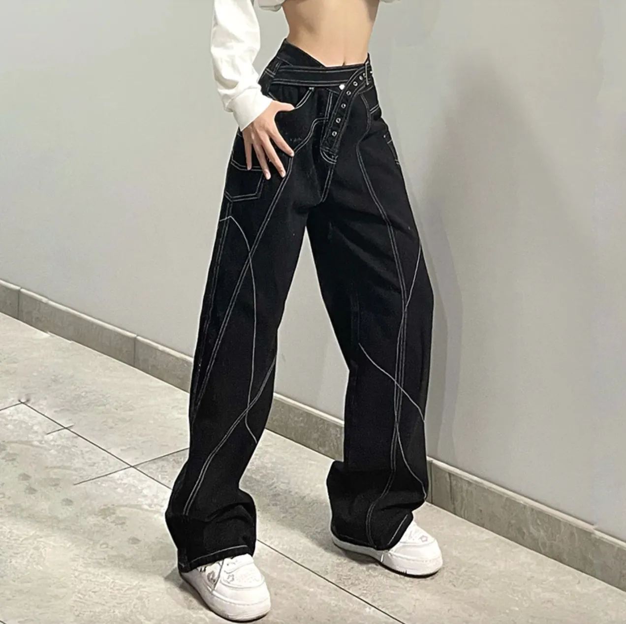 Women's Spring/Autumn Gothic Wide Leg Hip Hop Pants with Belt