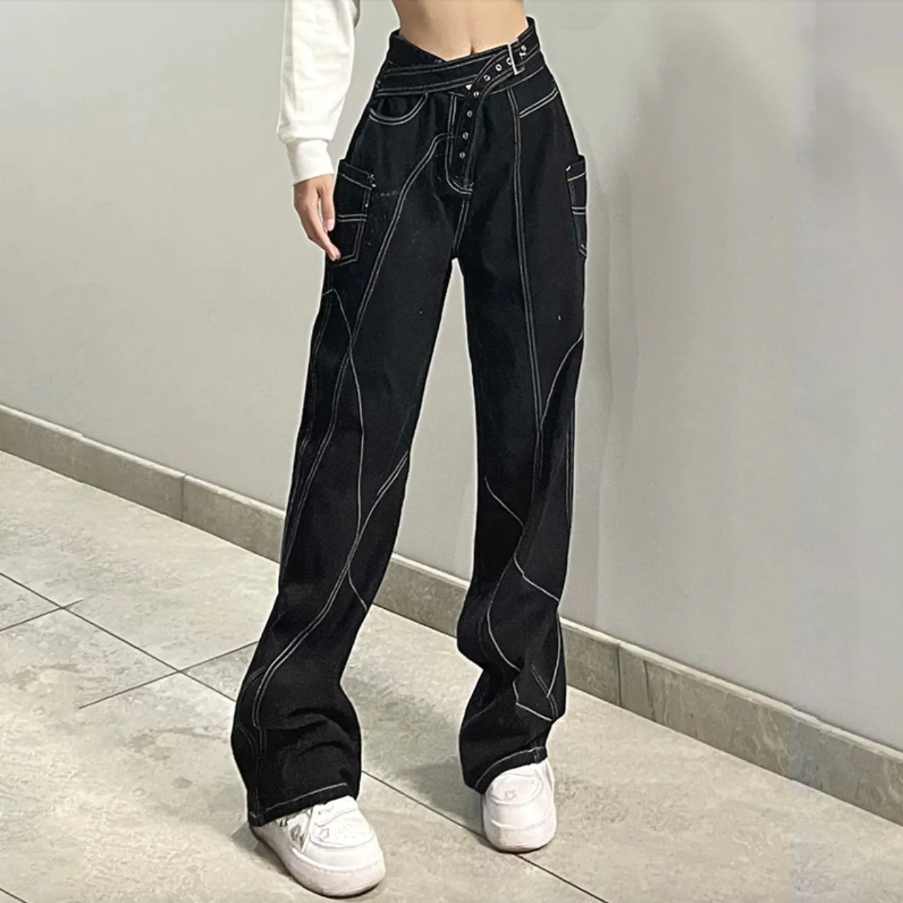 Women's Spring/Autumn Gothic Wide Leg Hip Hop Pants with Belt