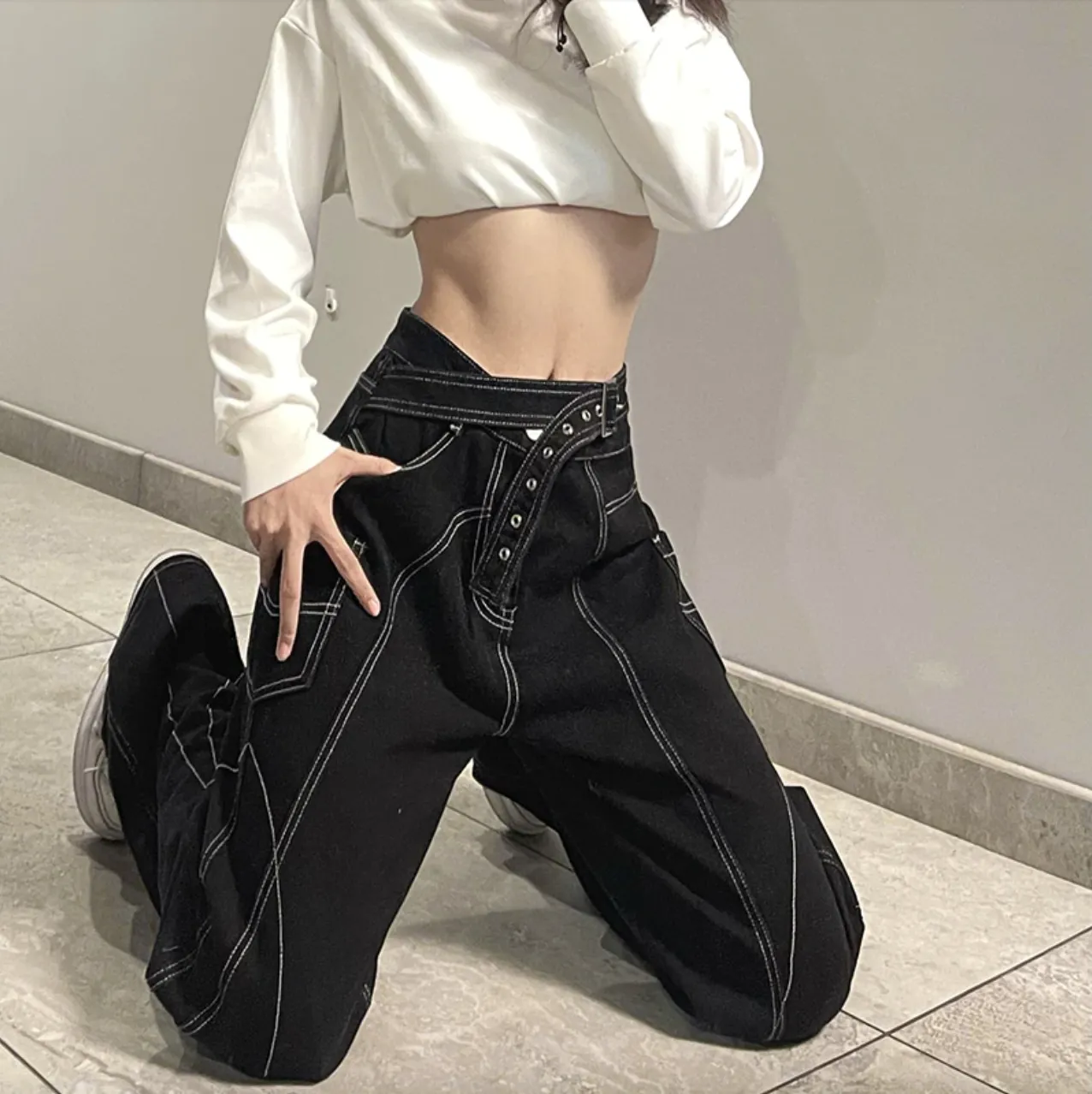 Women's Spring/Autumn Gothic Wide Leg Hip Hop Pants with Belt