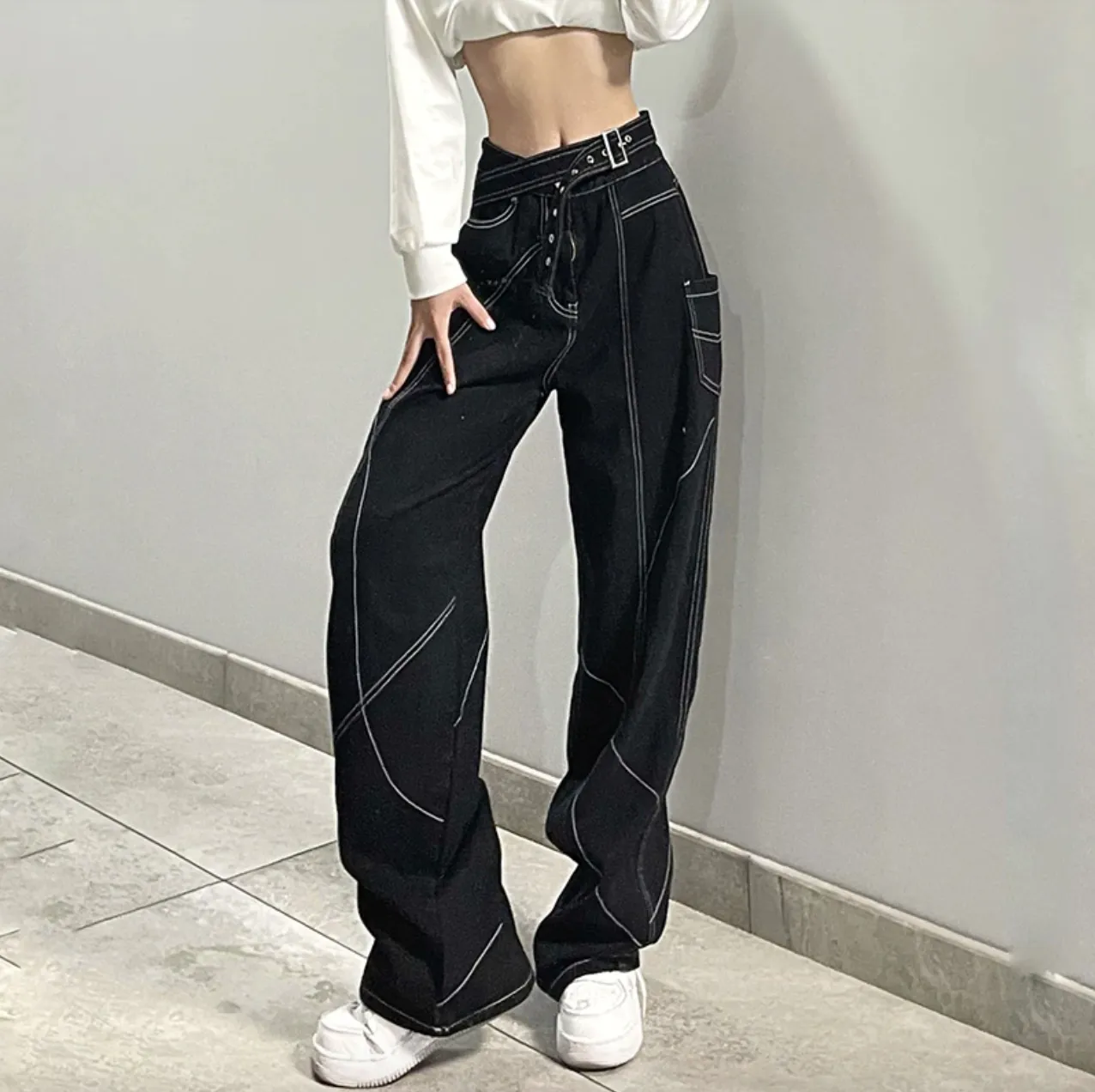 Women's Spring/Autumn Gothic Wide Leg Hip Hop Pants with Belt