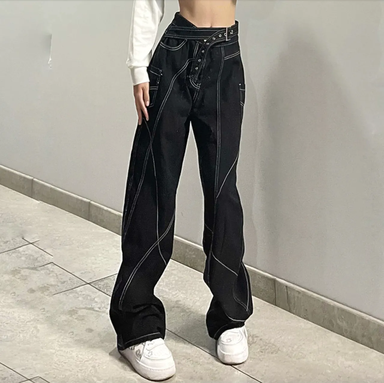 Women's Spring/Autumn Gothic Wide Leg Hip Hop Pants with Belt